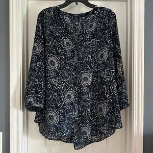 NYDJ Patterned Blue Tunic Size L 3/4 Sleeve